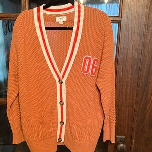 Aerie Orange Cardigan Sweater with Red and White Trim